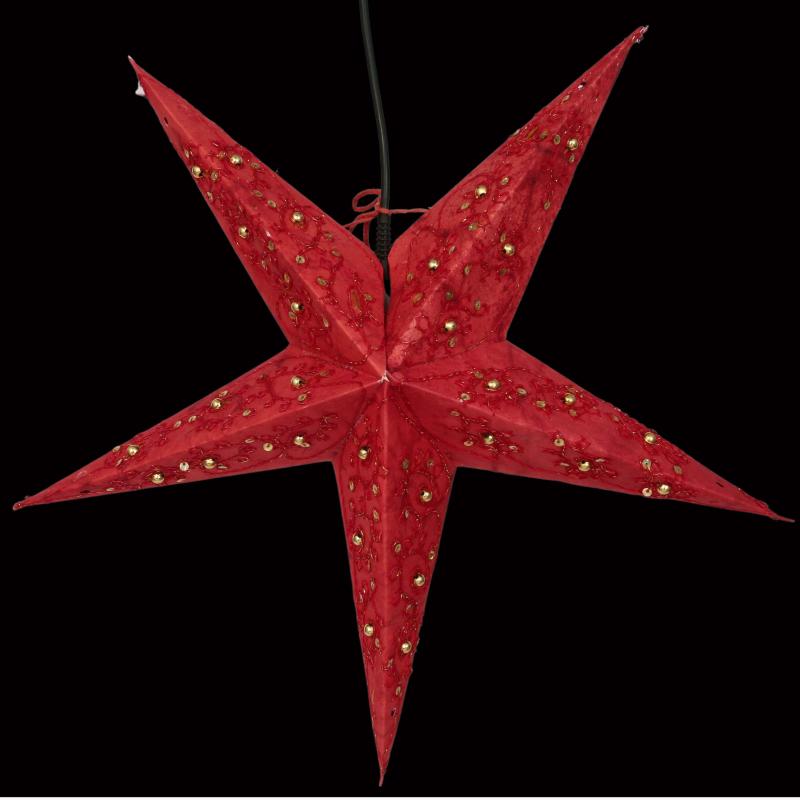 Baby Leela Zari Batik Red - Foldable glowing star, paper poinsettia with 5 points, 40 cm